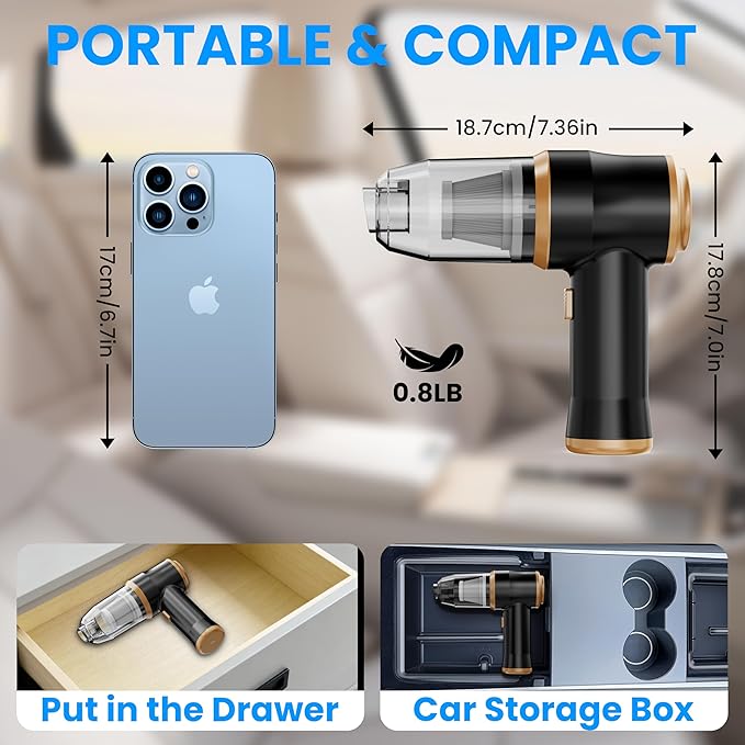 Mini Car Vacuum 15000Pa Portable Cordless Handheld Vacuum Cleaner and Air Duster with 2 Filter for Car Sofa Office Pet Home