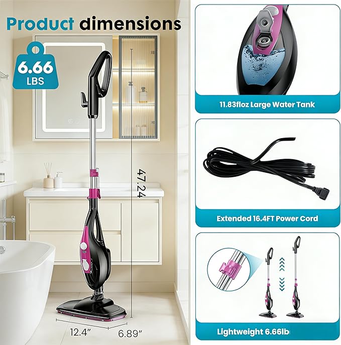 Simple Deluxe 10-in-1 Steam Mop 1550W Detachable Handheld Steam Cleaner with 16FT Cord &amp 2 Pads Multi-Surface Floor Steamer for Hardwood Tile Carpet Windows Pink