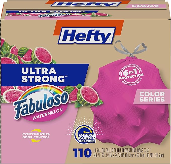 Hefty Ultra Strong 13 Gallon Trash Bags Tall Kitchen Trash Bags 13 Gallon Size Resist Leaks Punctures and Rips Continuous Odor Control Pink Fabuloso Watermelon Scent 110 Bags
