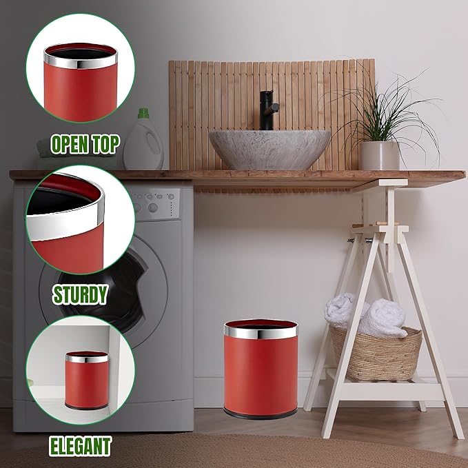 Small Office Trash Can Open Top Small Wastebasket Bin Invisi-Overlap' Metal Garbage Can Waste Basket for Powder Room Vanity Bathroom (Red)