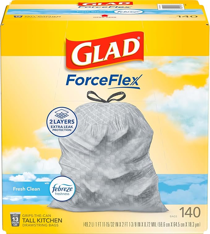 Glad ForceFlex Tall Kitchen Trash Bags 13 Gallon Fresh Clean 140 Count (Package May Vary)