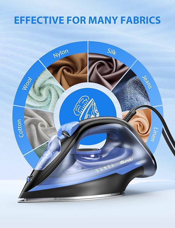 1500-Watt Steam Iron with Ceramic-Coated Soleplate and Burst Steam 3-Way Auto-Off Temperature Settings for Variable Fabric