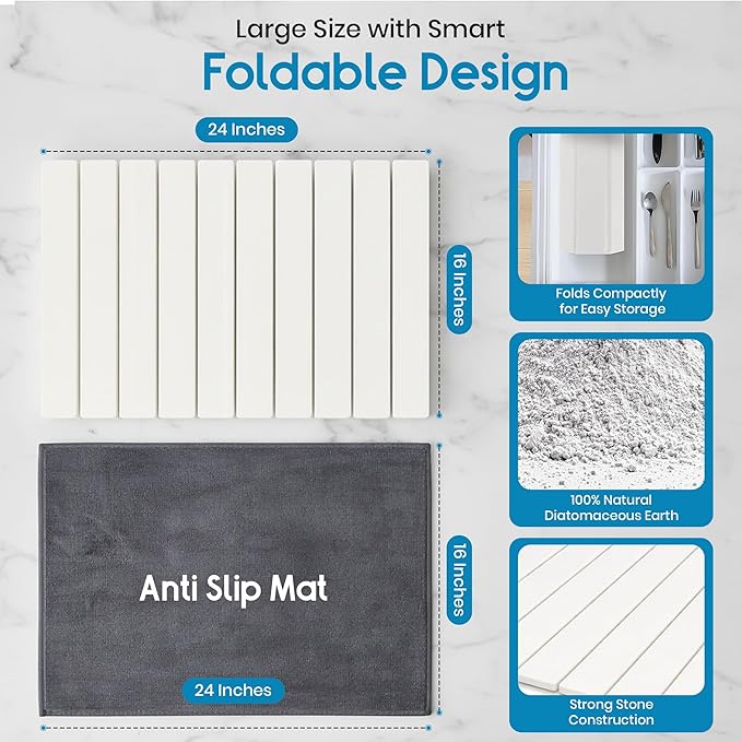 Diatomaceous Earth Dish Drying Mat – 24 x 16 Inch Collapsible Dish Drying Rack Multipurpose Stone Bath Stone Mat Includes Sanding Tool Anti Slip Mat – Elegant and Functional Design