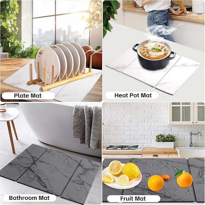 Quick Dry Collapsible Dish Drying Mat Eco-Friendly Absorbent Diatomaceous Earth Mats for Dishes Bottles Cups 20×16Large Stone Dish Drying Mats for Kitchen Counter (Gray 20（L）×16（W）)