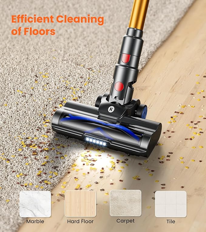 NADALY Cordless Vacuum Cleaner 500W 40KPA Stick Vacuum with 45min Runtime Anti-Tangle Self-Standing Vacuum Cleaners for Home Lightweight Vacuum for Hardwood Floor/Carpet/Pet Hair Bronzed Gold