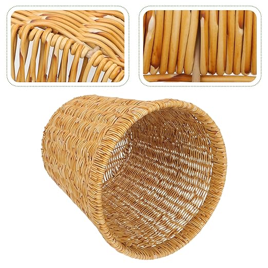 Plastic Woven Trash Basket Imitation Rattan Storage Bin Lightweight Household Wastebasket for Living Room and Kitchen Organization