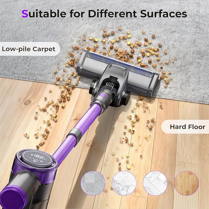 Cordless Vacuum Cleaner 30Kpa Vacuum Cleaners for Home Stick Vacuum with LED Display 2 Roller Brushes for Anti-Tangle &amp Hard Floor 6 in 1 Lightweight Vacuum for Hard Floors Carpet Pet Hair