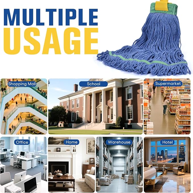 Matthew Cleaning Commercial Mop Head Replacement 5 Inch Wide Headband Looped End Cotton Blend String Wet Mops for Floor Cleaning 28 oz Extra Large 6-Pack Blue