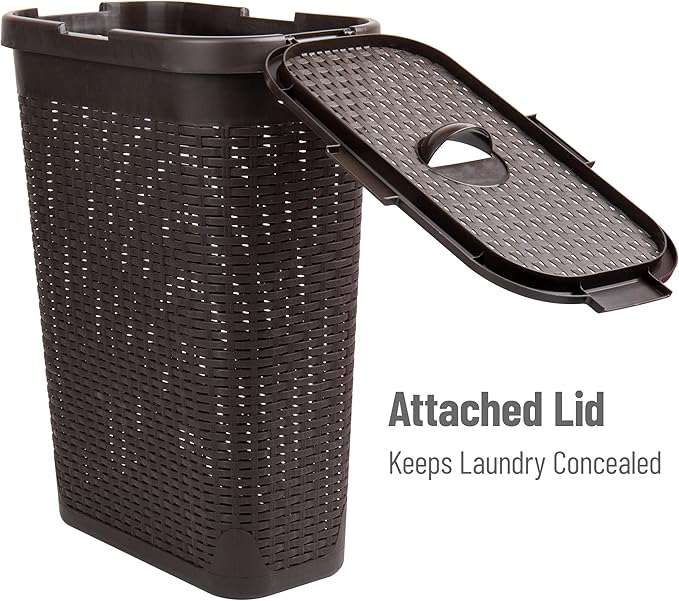 Mind Reader Slim Laundry Hamper with Lid 40L Clothes Basket Narrow Tapered Design with Ventilated Cutout Pattern Plastic Brown