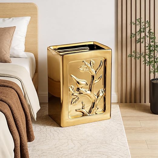 Gold Bathroom Trash CanLuxury Ceramic Hand Carved Decor Garbage Can1.32 Gallon/5 Liter Stylish Small Waste Basket for BathroomOfficePartyRoom