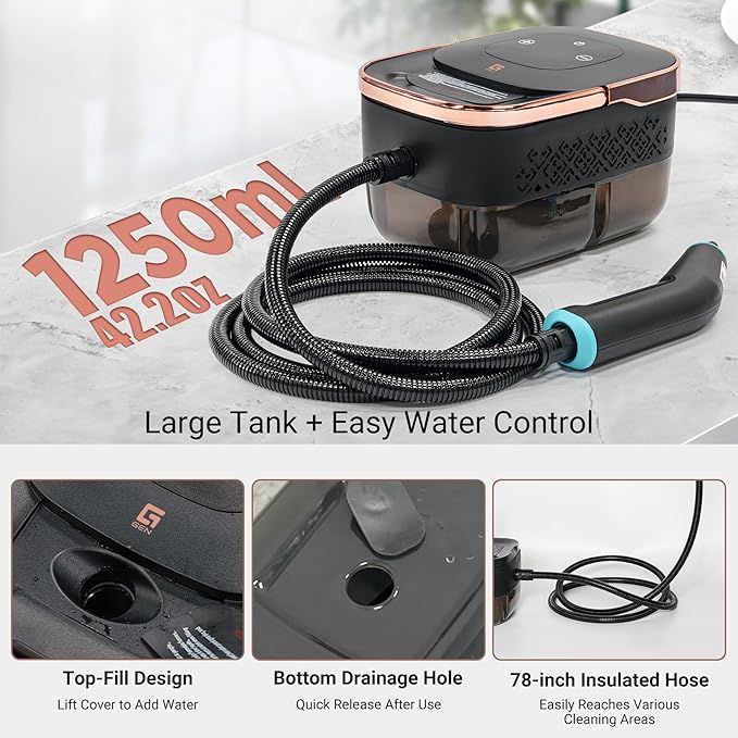 2500W Handheld Steam Cleaner10 Accessories with 8 Adjustable Pressures for Tile/Grease/Carpet 45oz Large Tank Chemical Free Cleaning Portable Multi-Surface Steamer for Home Cars Kitchens(Gold)