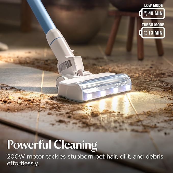 Bissell PowerClean 200W Self-Standing Cordless Vacuum w/Tangle Free Brush Roll Removeable Battery Wall Mount Upholstery Tool &amp Bright Headlights 4173
