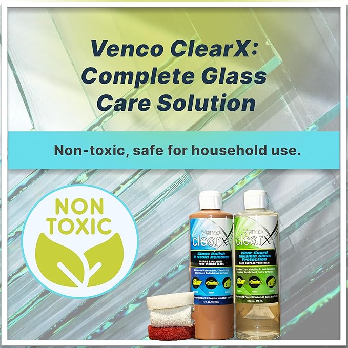 Venco Clear X Glass Polish &amp Protector - 16oz Kit for Removing Rust Burnt-In Stains Water Spots - Protects &amp Repels Water Snow - Ideal for Yachts Cars Home Windows RVs &amp More - Made