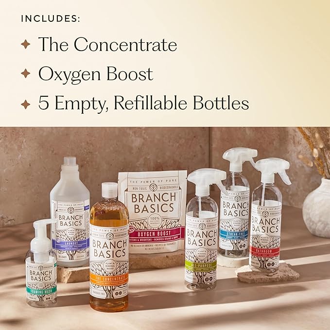 Branch Basics Premium Starter Kit: All Purpose Cleaner Glass and Bathroom Cleaner plus our Foaming Wash and Laundry Bottle (3 Plastic Spray Bottles + Concentrate) Fragrance-Free