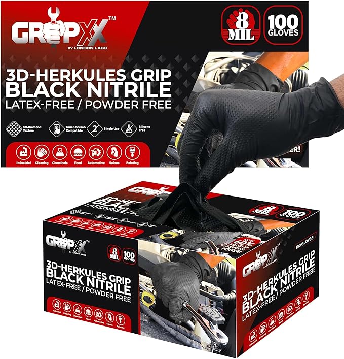 Herkules Grip Heavy Duty 8Mil Black Nitrile Gloves3D Raised Diamond Texture-Latex &amp Powder-Free Industrial Mechanic