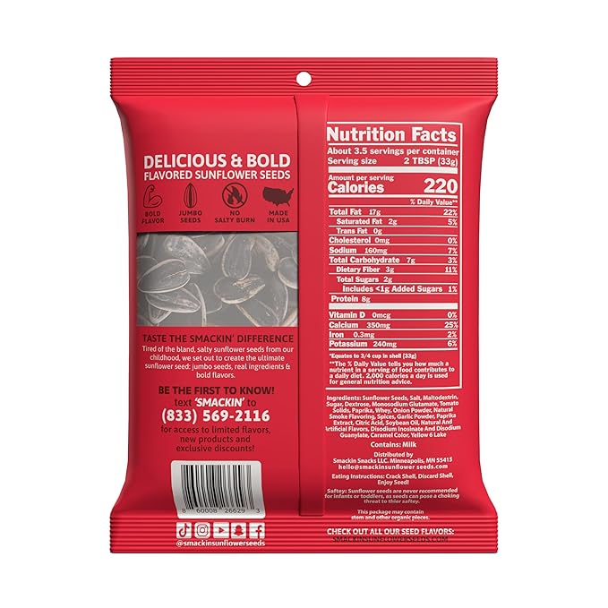 SMACKIN' - Jumbo Roasted Sunflower Seeds No Salty Burn American Made Easy Pour &amp Seal - Backyard BBQ 4oz bag (12 Bags)