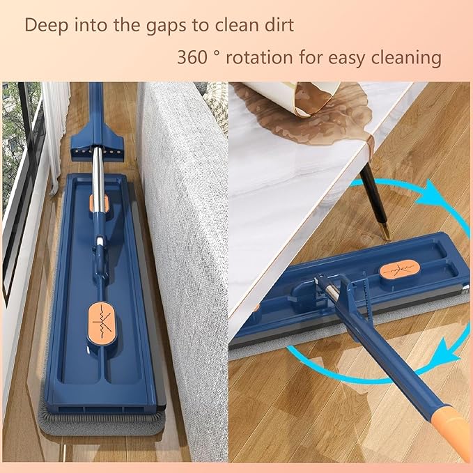 Large Flat Mop 360° Rotating with Dewatering Scraper Wet Dry Mop Extendable Long Cleaning Microfiber for Floors Corner Window 1pcs 12027(A-2pcs Rag)