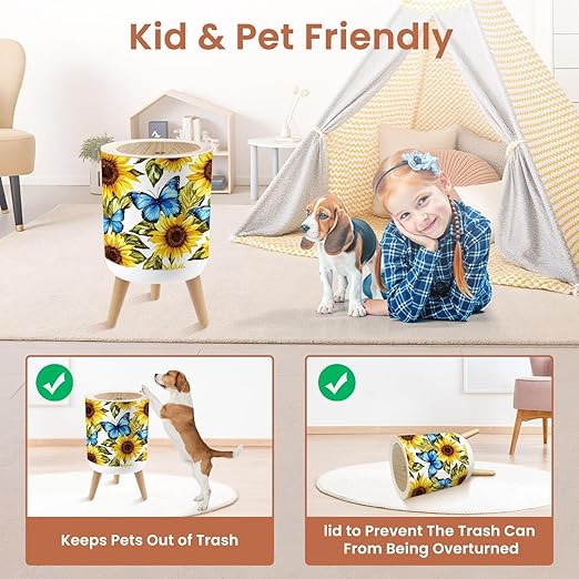 Bathroom Trash Can with Lid Beautiful Seamless Sunflowers Blue Butterflies White Garbage Bin Waste Basket for Kitchen Office Bedroom Decoration Diaper Pail 1.8 Gallon