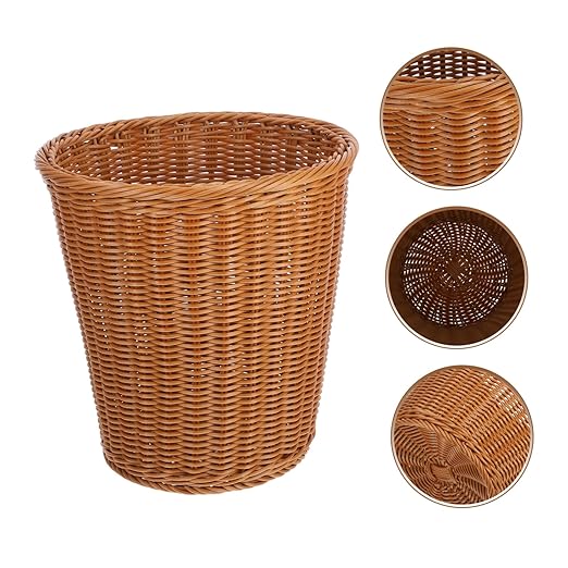 VOSAREA 1PC Plastic Wastebasket Simulated Rattan Woven Trash Basket Home Garbage Container Wastebasket Retro Waste bin (Imitated Rattan Style)