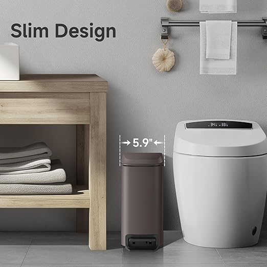 TIPGO Slim Bathroom Trash Can with Lid Soft Close Step Pedal 6 Liter / 1.6 Gallon Stainless Steel Trash Bin Small Garbage Cans for Bedroom Office Kitchen (Brown)