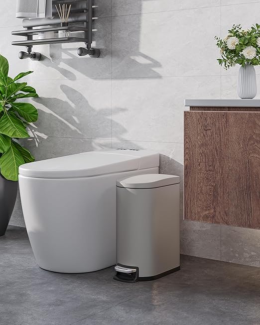 GarveeHome 2.6 Gallon Bathroom Trash Can Space-Saving Slim Stainless Steel Step-On Garbage Bin with Soft Close Lid Removable Inner Bucket for Bathroom &amp BedroomGrey