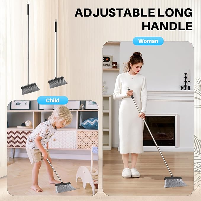 JOYMOOP Black Broom and Dustpan Set Upright Angle Design with Built-in Comb Teeth for Home Office Hardwood Floors Pet Hair