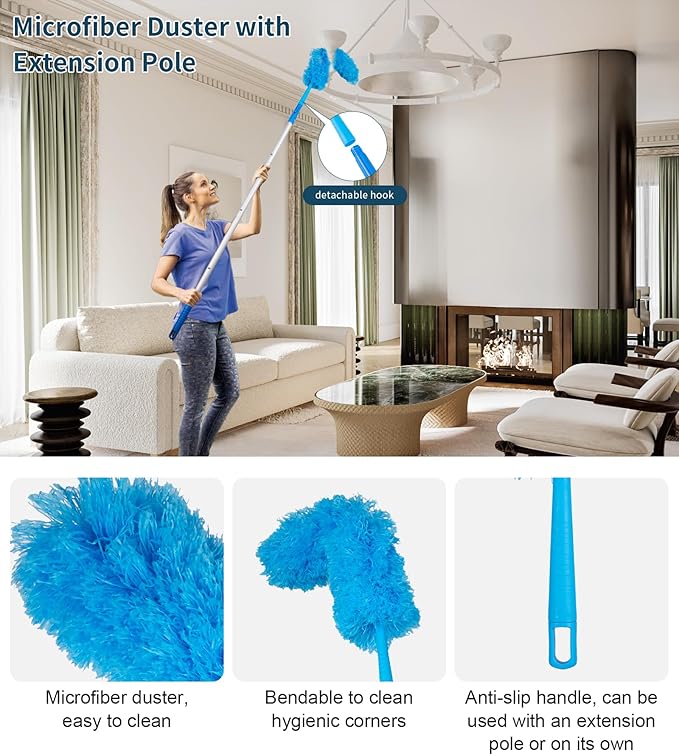 Window Cleaning KitSwivel Squeegee &amp Scrubber with Extension PolesFoldable BucketBlendable Duster2 Scrubber Pads &amp Cleaning Cloth Glass Scraper Cleaning Tool Kit for Window Glass Mirror C