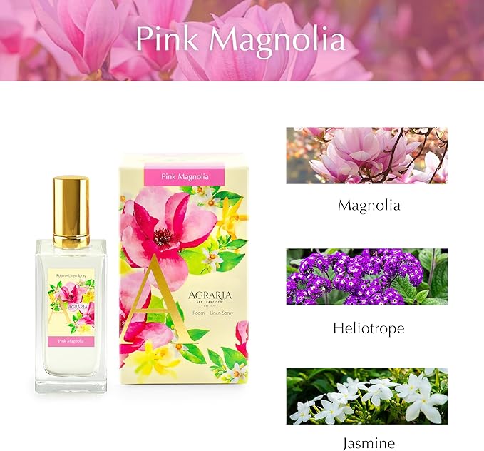 Agraria Pink Magnolia Room and Linen Spray 3.4 Oz Soft Floral Air Freshener Spray Fabric Deodorizer for Bathroom Bed Sheets Car Interiors Closet