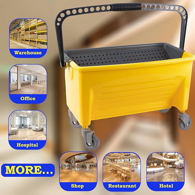Matthew Cleaning Microfiber Finish Bucket with SievePress Wring Mop Bucket for Microfiber Flat Mops Mop Bucket with Non-Marking Casters Wheels44 Yellow