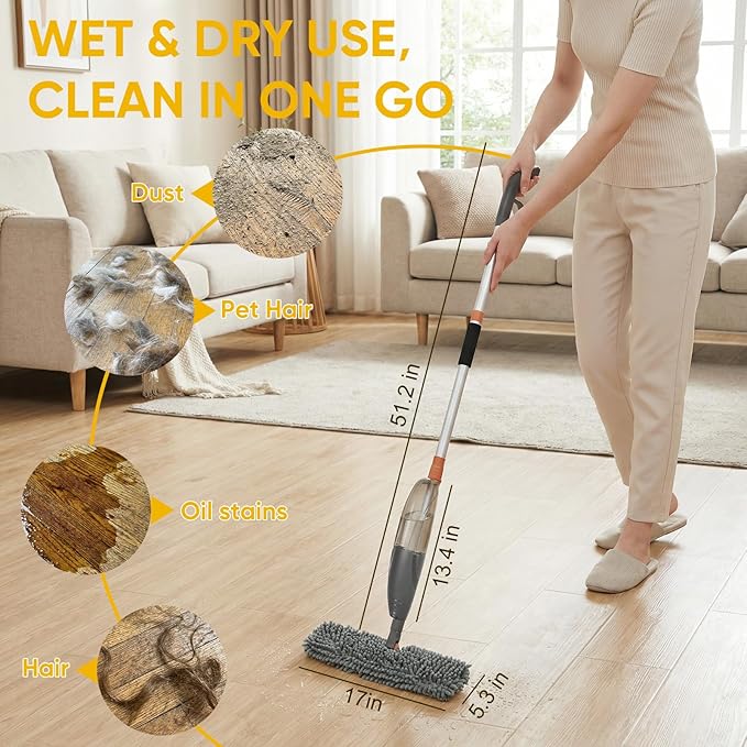 3-in-1 Upgraded Spray Mops for Floor &amp Window Cleaning with 3pcs Pads - Broom/ Mop/ Window Squeegee Wet Dry Microfiber Mop with 520ml Bottle for Kitchen Wood Floor Hardwood Ceramic Tile Dust Clea