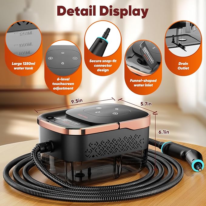 Steam Cleaner 2500W Pressurized Heavy Duty Handheld Steamer with 1.32QT Tank &amp 10 Attachments – for Kitchen Bathroom Car Floors Tile Furniture Couch Windows (Black/Gold)