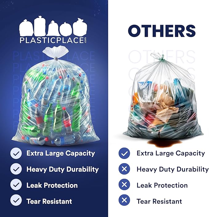 Plasticplace 95-96 Gallon Garbage Can Liners 1.5 Mil Clear Heavy Duty Trash Bags 61 x 68” 50 Count