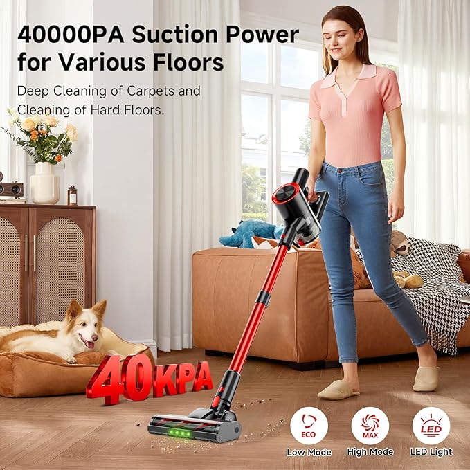 Cordless Stick Vacuum Cleaner 40Kpa Powerful Suction Vacuum Cleaner with LED Headlight Detachable Battery 8-in-1 Lightweight Handheld Vacuums for Pet Hair Carpet and Hardwood Floor Red