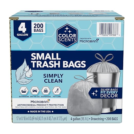 Color Scents Small Trash Bags - 4 Gallon 200 Bags (1 Pack of 200 Count) Drawstring - Silver Bag in Simply Clean Scent with Microban