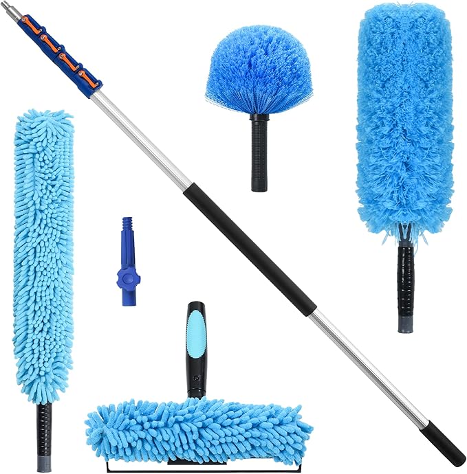 30 Foot High Reach Cleaning Kit with 6-24FT Telescoping Pole - High Ceiling Dusting and Window Cleaning Kit Cobweb Duster Window Washer &amp Squeegee Fan Duster and Feather Duster