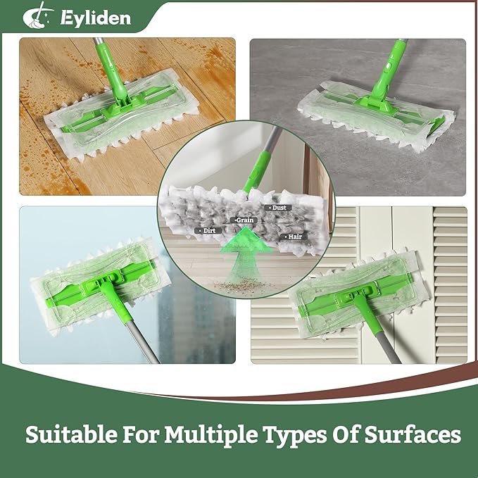 Eyliden Sweeper Mop with 36 Refills - 3 Types of Disposable Dry &amp Wet Cloths | Lock-Tight Design No Lost Pads Universal Refills Multi-Surface Sweeping Starter Kit for Pet Hair Dust Floor Clean