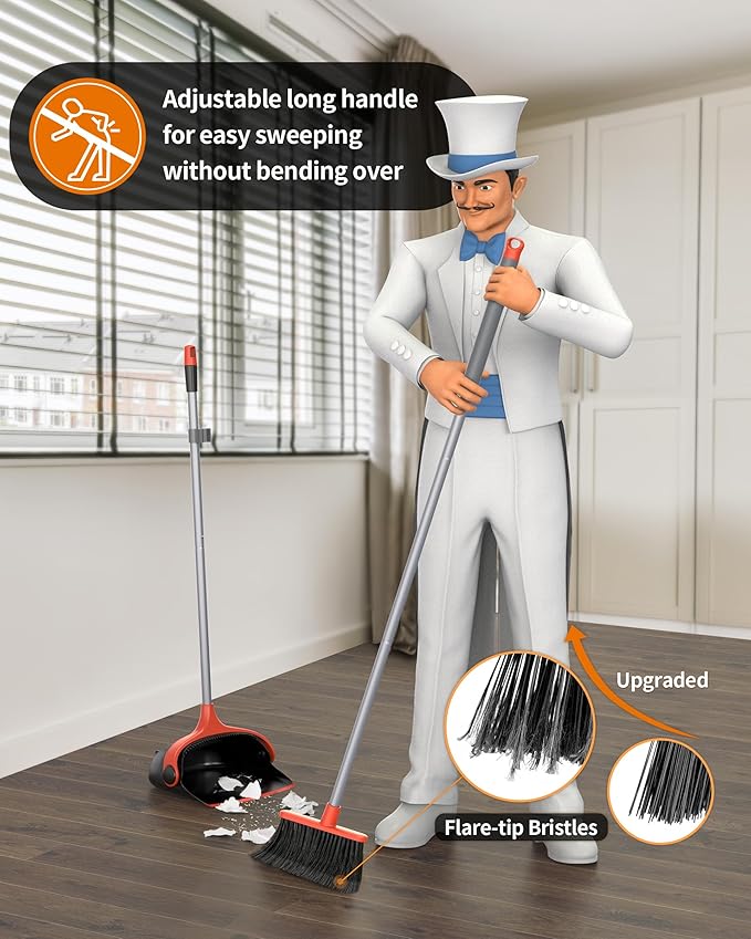 MR.SIGA Broom and Dustpan Set with Long Handle Stand Upright Broom with Dustpan Combo for Floor Cleaning Lightweight Sweeping Set for Indoor and Outdoor Use 51.7(131 cm) Long Handle Black &amp R