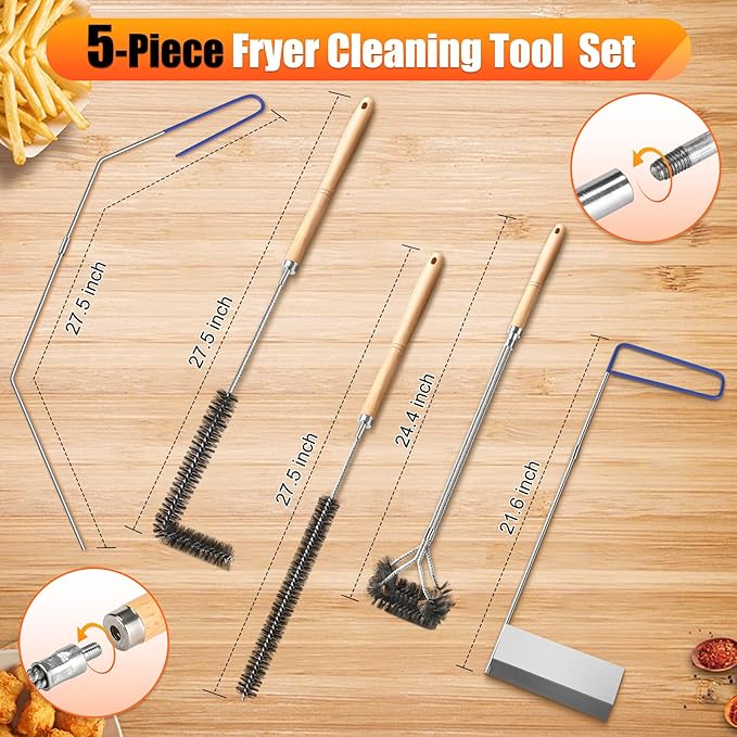 Fryer Cleaning Tool 5 Piece Set Deep Fryer Basket Brush Long Handle L-Shaped &amp Straight Crevice Cleaning Brush Cleanout Rod Kit and V-Shaped Strainer Scoop for Restaurant Kitchen Maintenance