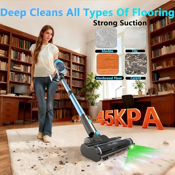 Cordless Stick Vacuum Cleaner: 45kPa Powerful Suction &amp 60Min Runtime Self-Standing with Green Light &amp Anti-Tangle Brush Rechargeable Lightweight Vacuum for Home Pet Hair on Carpets and Hard