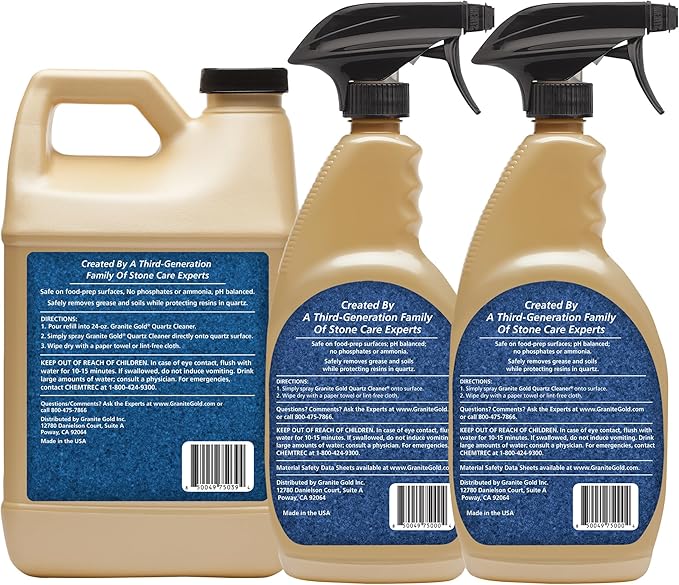 Granite Gold Quartz Cleaner Spray for Caesarstone Cambria Silestone and All Other Quartz Countertop Surfaces 64 Fluid Ounces and 2 x 24 Fluid Ounces
