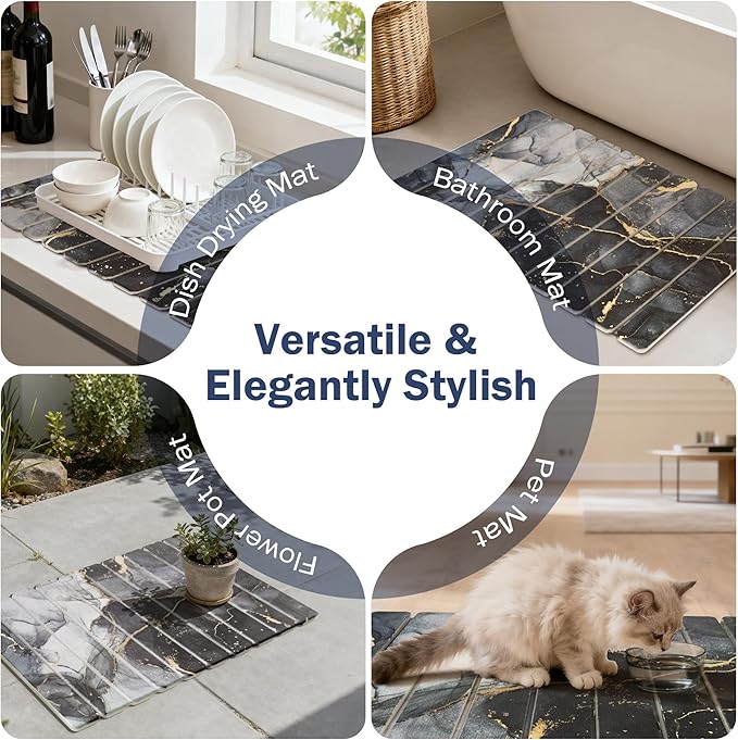 Large Stone Drying Mat for Kitchen Counter 24×16 Black Marble Quick Dish Drying Mat with Sanding Pads Non-Slip Roll Up Absorbent Diatomaceous Earth Mat for Dishes Bottles Cups