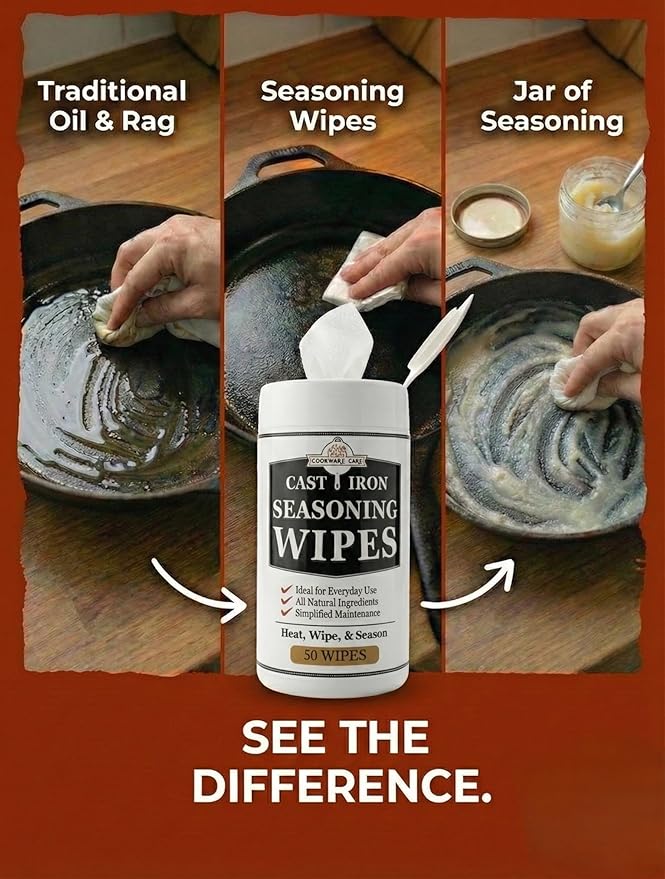 Cookware Care Cast Iron Seasoning Oil Wipes 100 Wipes Made in USA with Grapeseed Oil for Cast Iron Skillet Blackstone Griddle (2 pack)