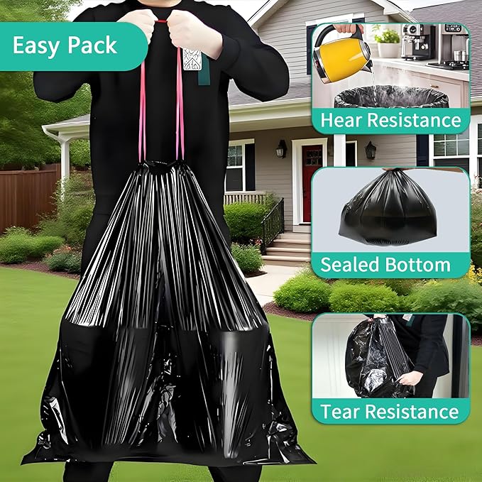 Quick-Dispense Strong Trash Bags 20-23Gal23 Gallon Trash Bags Kitchen DrawstringBlack Garbage Gags UnscentedLawn 1mil Heavy Duty (100)
