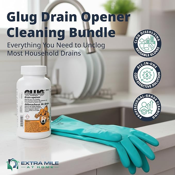Glug Drain Opener Bundle with Glug Crystals Cleaner and Long Protective Gloves - 2 Items - Sink &amp Shower Drain Clog Remover Compatible with Most Home Plumbing Easy DIY Use