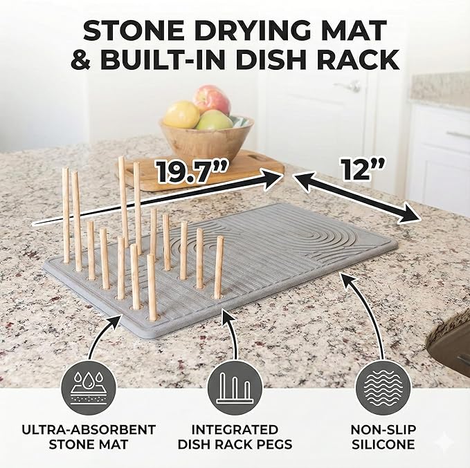 Stone Dish Drying Mat with Bamboo Rack – Fast-Drying Diatomaceous Earth Surface with Non-Slip Silicone Base – Eco-Friendly Super Absorbent Drying Pad for Kitchen Countertops and Dishes (Gray)