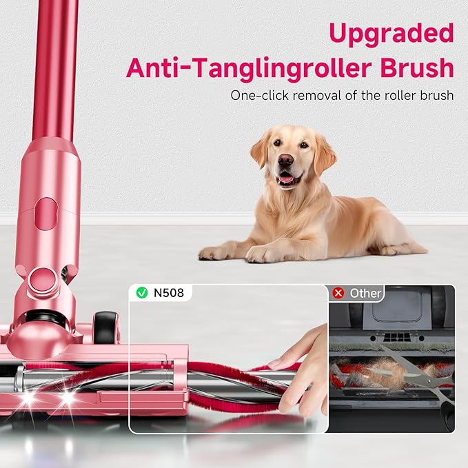 Cordless Vacuum Cleaner55Mins/Powerful Vacuum Cleaners for HomeStick Vacuums with 8 in 1Touch ScreenLED Headlights Anti-TanglePet HairPink