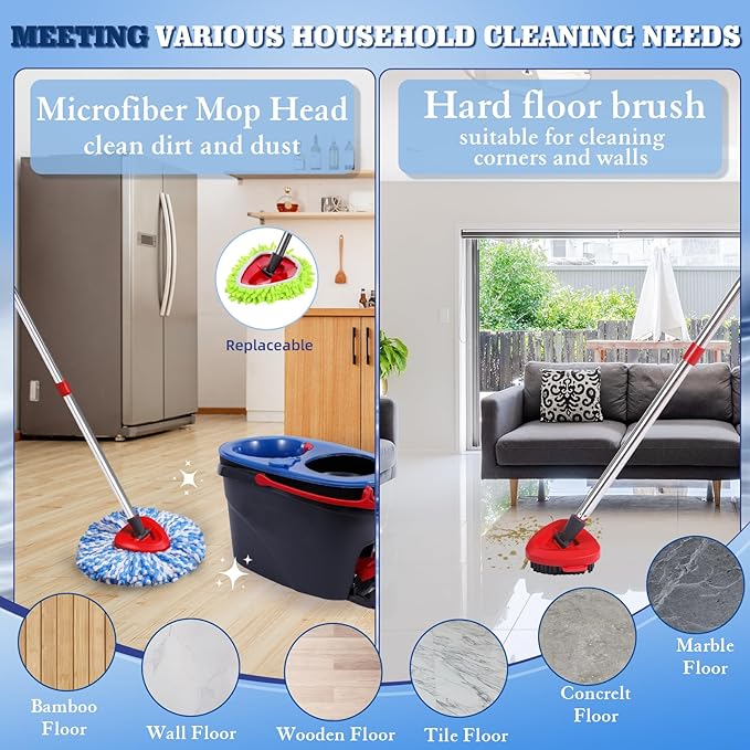 6 Pack Spin Mop Replacements Head Compatible for Oceda RinseClean 2-Tank SystemMicrofiber Spin Mop Refills Head2 Mop Scrub Brush + 1 Mop Base + 6 Pack Cleaning Floor Mop Head