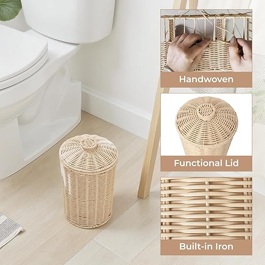 GRANNY SAYS Wicker Small Bathroom Trash Can with Lid 2 Gallon Cute Decorative Waste Basket for Bedroom and Dorm Office Garbage Cans for Under Desk Mini Round Trash Bin for Decor Off White