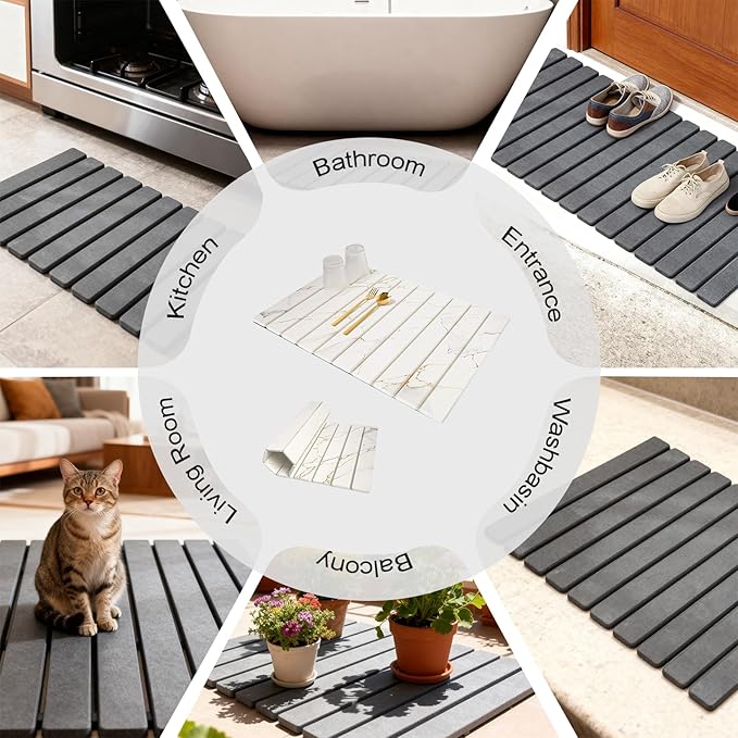 Stone Drying Mat for Kitchen Counter 24x16 Inch Foldable Diatomaceous Earth Stone Sink Fast Absorbing Dish Drying Mats for Dishes Bottles Cups Match any Countertop (Dark Gray 24x16 Inch)