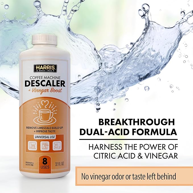 HARRIS Coffee Machine Descaler Descaling Solution 32 fl oz (2 Pack 8 Uses Each) Compatible with Keurig Nespresso Breville DeLonghi Jura &amp Ninja Coffee and Espresso Makers